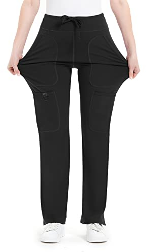 QBK Yoga-OP-Hose für Damen, mittelhohe Taille, Yoga-Arbeitshose, fünf Taschen, Cargo-Hose, Schwarz, M