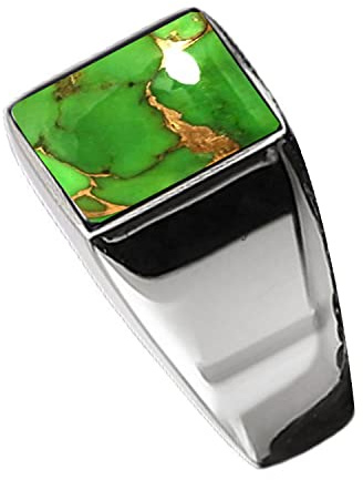 Solid 925 Sterling Silver Ring for Men, Natural Green Copper Turquoise 12MM Gemstone Signet Ring, Unique Handcrafted Ring