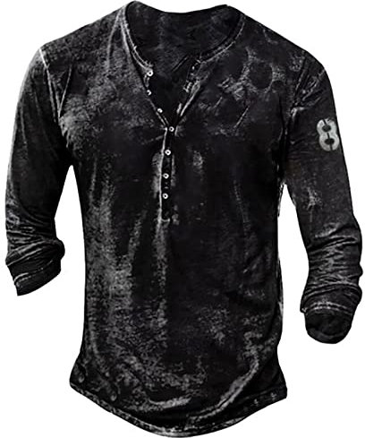 Azruma T Shirt Herren Schwarz Herren Shirt Polo Shirt Herren Vintage Distressed Stickerei/Drucken Langarm Henley Shirt Mit Knopfleiste T-Shirt Jungen (Schwarz, 3XL)