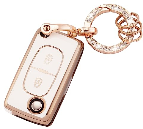 Koaudb Autoschlüssel Hülle Cover Passt für 107 207 307 308 407 607 807 3008 5008 für Citroen C2 C3 C4 C5 C6 C8 Xsara 2 Tasten Schlüsseletui TPU Schlüsselhülle mit Schlüsselanhänger (R-Pgt-2F-W)