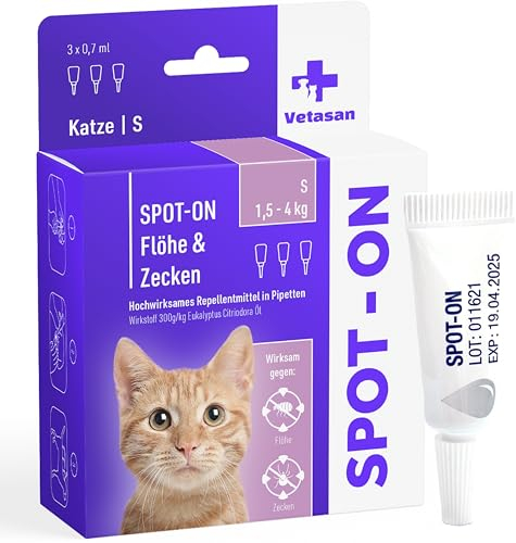 Vetasan Spot-ON für Katzen 1,5-4kg (S) | gegen Flöhe & Zecken | 3 Monate Schutz | ohne Chemie | Zeckenmittel für Katzen | Floh- und Zeckenschutz für Katze