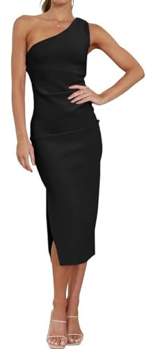 RPAEOY Vestito Donna Eleganti Monospalla Senza Maniche Ruched Midi Casuale Orlo a Fessura Abito da Sera Vestito Sexy Banchetto Festa Damigella d'Onore Cerimonia Cocktail Formale (Nero,S)