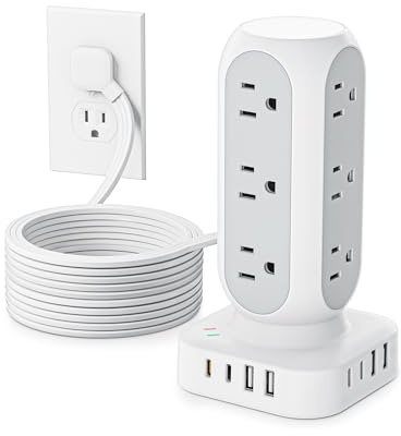 Flat Plug Power Strip Tower, TenTrend 40W Total Fast Charging Station, 10FT