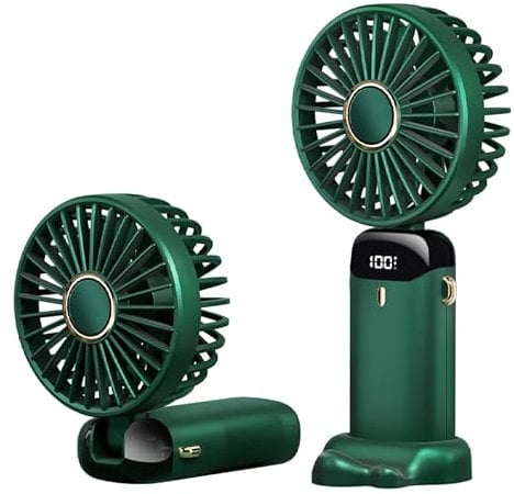 SYLQA 5-Speed Handheld Fan with LED Display - Portable & Rechargeable Mini Fan, Foldable Desk Fan for Home, Office, Travel (Dark Green)