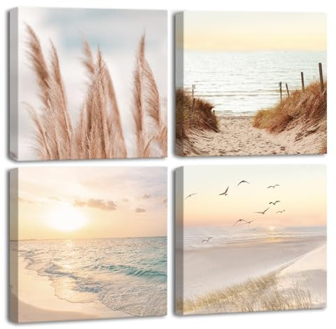 CHDITB 4 Stück,40 * 40cm,Strand Wandkunst,Küstenlandschaft Sonnenuntergang Bilder,Meer Möwe Schilf Leinwand Dekoration,Moderne Meeresansicht Poster Set Schlafzimmer Bad Wohnzimmer Dekoration