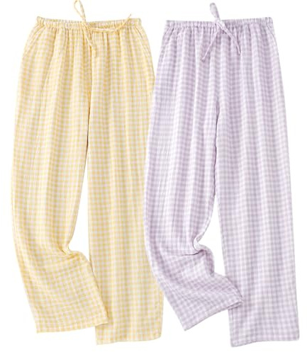 STMAHER 2-Pack Frauen Baumwolle Pyjama Bottoms Leichte Schlaf-Lounge Hosen Plaid Nachtwäsche Lange Pj Hosen Mit Tasche