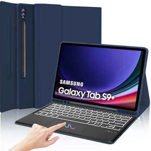 IVEOPPE Teclado Trackpad Samsung Galaxy Tab S9 Plus 12.4 2023, Funda con Teclado España Ñ Bluetooth Retroiluminado Tab S9 Plus 12,4 2023 (SM-X810/X816B/X818U), Azul Oscuro