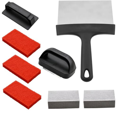 Kit de Limpieza de Plancha Eliminación eficaz de Grasa y Manchas Limpiador de Plancha con Mango con Pala, Piedras de Limpieza y 3 estropajos Limpiador de Parrilla de Superficie Plana