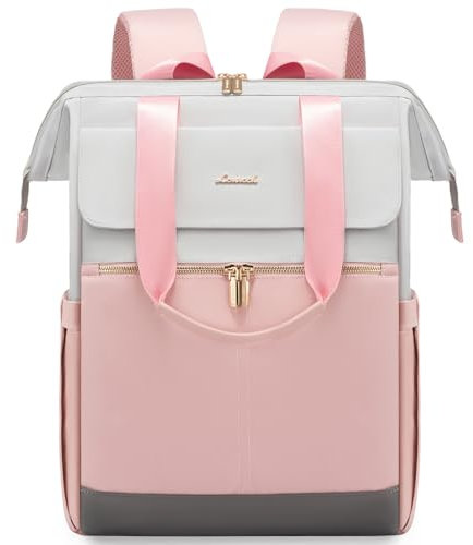 LOVEVOOK Laptop Schulrucksack Teenager, Damen Rucksack Modern, Schultasche Backpack Women Elegant Tagesrucksäcke Handtasche 2 in 1, 15,6 Zoll für Uni Büro Arbeit, Hellgrau & Rosa