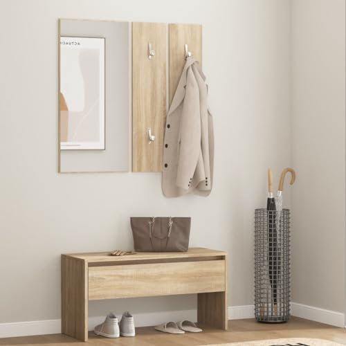 Myheimly Garderoben-Set, Wandgarderobe mit Bank Spiegel 2 Garderoben, Flurbank mit viel Stauraum, Garderobe Flurgarderobe, Sonoma-Eiche Holzwerkstoff