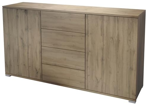 Vladon Sideboard Santo V1, Anrichte mit 2 Türen und 4 Schubladen, Eiche Evoke/Eiche Evoke (138,5 x 75,5 x 35 cm)