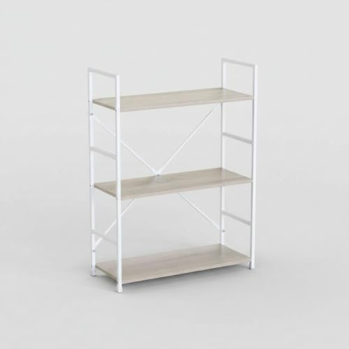 INDE MOBLEKIT | Estantería Metálica 3 Niveles 58.6x23.5x80 cm Blanca, Mueble Auxiliar con Baldas de Madera y Refuerzo Cruzado, Organización para Baño, Cocina, Dormitorio u Oficina
