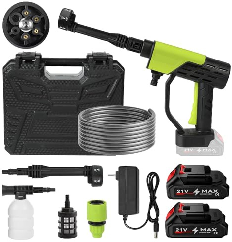Pressure Washer Nettoyeur Haute Pression sans Fil, Pistolet Nettoyeur Haute Pression sans Fil avec Batterie et buse 6 en 1, pour Lavage Voiture et Extérieur (2 Batteries)