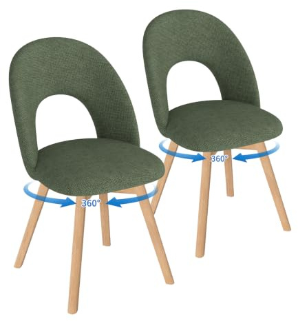 WAFTING Esszimmerstühle drehbar Polster Holzbeine 2er Set，Grün | 360° drehbar, dicker Leinenstoff mit luftdurchlässiger durchbrochener Rückenlehne, geeignet für Esszimmer, Küche, Wohnzimmer