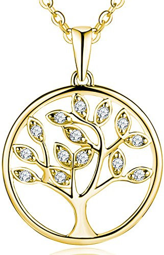 JO WISDOM Collier Pendentif Arbre de vie Yggdrasil Argent 925/1000 Femme AAA Zirconium avec plaqué or jaune
