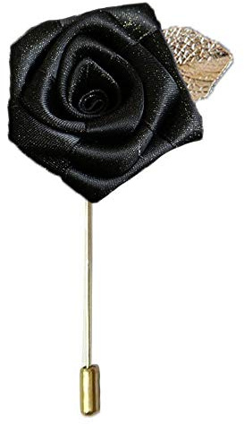 Flairs New York Gentleman's Essentials Premium Handmade Flower Lapel Pin Boutonniere ([Shinny Fabric] Midnight Black/Gold Leaf, Pack of 1 Pin)