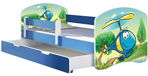 ACMA Kinderbett Jugendbett mit Einer Schublade und Matratze Blau mit Rausfallschutz Lattenrost II 140x70 160x80 180x80 (35 Hubschrauber, 160x80 + Bettkasten)