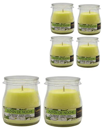 Velas aromáticas en vaso de yogurt cristal con tapa PlusHome (Jazmin De Noche, Pack 6)