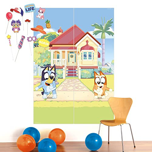amscan- Telón de fondo de vinilo con licencia oficial de Bluey para decoración de fiesta, 4 paneles, Multicolor, 141.2cm x 203.6cm. (9915387)