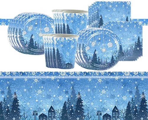 41Pcs Snowflake Christmas Party Tableware Decorations,Blue White Snowflake Tableware Set for Christmas Party Table Cloth,7inch Paper Plates,Napkins,Cups for Christmas Frozen Winte Dinnerware Decor