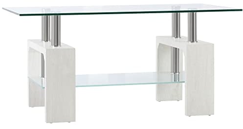 HOMCOM Mesa de Centro de 2 Niveles, Mesa de Centro Moderna con Tapa de Cristal y Estructura de Madera y Acero, 90x50x42cm, Blanco