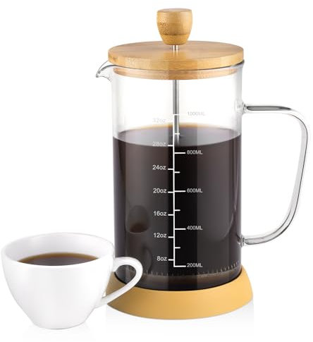 wedrink French Press Kaffeemaschine 34oz, 1L Kaffeebereiter 4 Level Edelstahl Filter kaffeemaschine, Caffettiera Hitzebeständige Glas Teemaschine, Bambus Deckel Kaffeepresse (1000 ml)