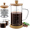 wedrink French Press Cafetera de 1 litro, té de bambú y cafetera con cuatro filtros de acero inoxidable, vidrio de borosilicato grueso resistente al calor cafetera de camping y 2 tazas