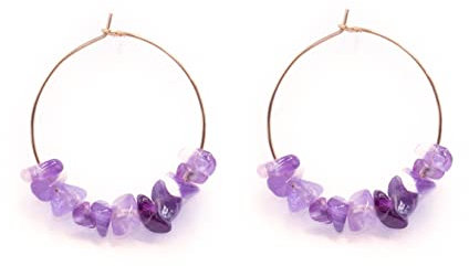 Pendientes piedra natural y aro acero inoxidable. Pendientes piedra curativa, energética y aros dorados. (Amatista (morada))