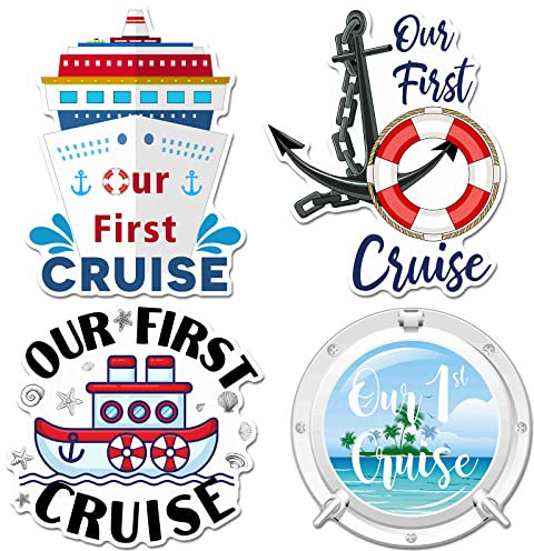 Hoteam 4 Pcs Our First Cruise Door Decorations Magnetic Large First Cruise Ship Door Magnets Funny Waterproof Nautical Magnets for Carnival Cabin Stateroom Fridge Car