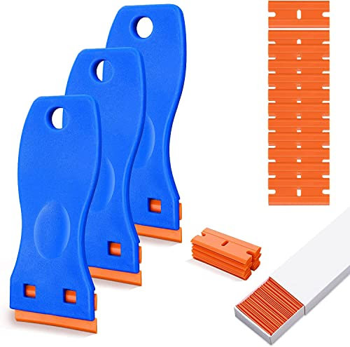 BANSHAN 3 Plastic Scraper Tools, Clean Shaver with 1 Box of Blades, Car Sticker Remover for Removing Glue Sticker Decals, Scraping Stickers, Labels and Decals from Glass, Windshields A3SSGD (Blue)
