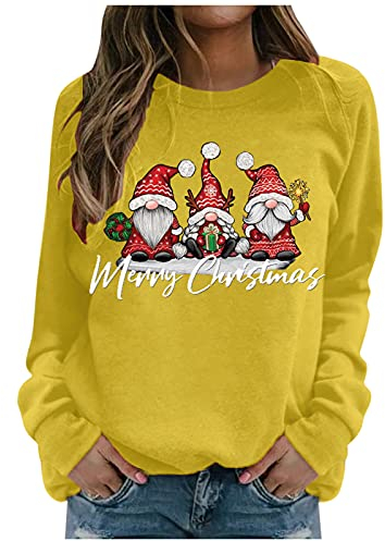 Pullover Damen Weihnachten Weihnachtspullover Damen Langarmshirt- Pullover Damen Sweatshirt-Weihnachtsshirt Damen Langarm mit Wichtel Weihnachtsmotiv Lustig Weihnachts T-Shirts für Frauen Teenager