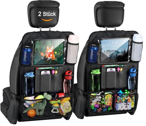 Kimsky 2er Autositz Organizer, Rückenlehnenschutz Auto Kinder, Auto Organizer Kinder, Kinderspielzeug-Aufbewahrung, Wasserdichter Rücksitzschutz für Kinder mit Tablet Fach - Schwarz