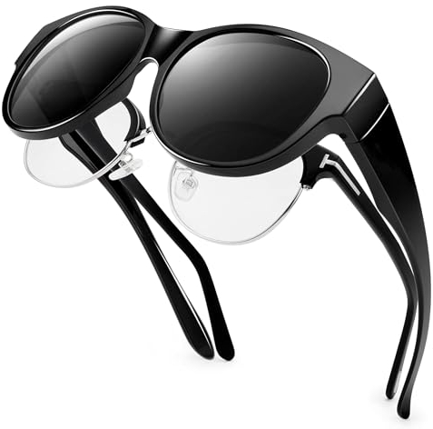 URUMQI Überzieh Sonnenbrille über Normale Brille, Polarisierte Überbrille Sonnenbrille für Brillenträger Damen, Retro Sonnenbrillen Fit over Sunglasses mit UV400 Schutz Schwarzer Rahmen
