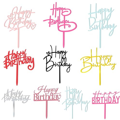 10 PCS Happy Birthday Cake Topper Set Glitter Cake Decorations in 8 Colors Black Silver Gold Rose Gold Pink Rose Red Blue Red Ideal Party Supplies for Adults Any Occasion 10 Styles