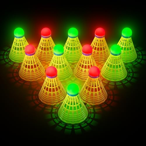 HIRALIY LED Badminton Birdies 6 PCS, 360° Glow in The Dark Nylon Badminton Shuttlecocks, 2 Color Light Up Birdie Ball Set with Stable Glowing, Indoor Outdoor Backyard Practice & Family Gamess (6)