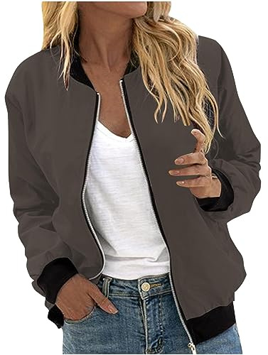 LUNULE Sweatjacke Damen Sweatshirts Für Einfarbig Kurz Coat Leicht Luftig Blouson Jacke Mit Reißverschluss Casual Steppjacke Damenblouson(Brown,S)