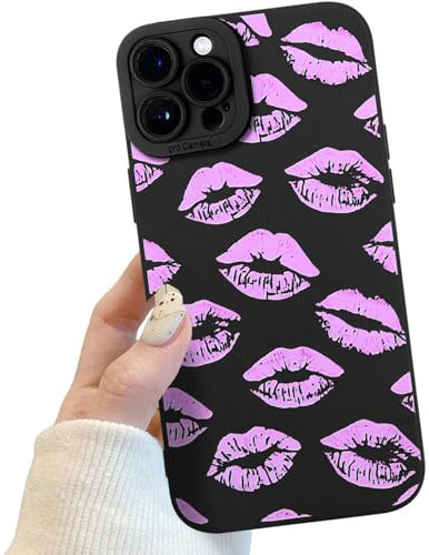 Compatible for iPhone 12 Pro Max Case, Cute Pink Lips Pattern Black Girly Phone Case for Women Girls, Soft TPU Slim Protective Phone Cover for iPhone 12 Pro Max