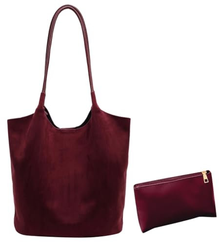 GETBSTOOP Wildleder-Hobo-Taschen for Damen, Slouchy-Einkaufstasche, Wildleder-Herbst-Geldbörse, Kunstleder-Umhängetasche, Büro-Wildleder-Handtaschen-Burgund