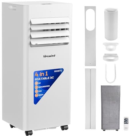 Lovewind Aire Acondicionado Portátil 9000 BTU (Eco R290),Silencioso 52 dB,Climatizador Portátil con Mando a Distancia,4 en 1 Enfriamiento Deshumidificación Ventilación y Sueño,IPX1