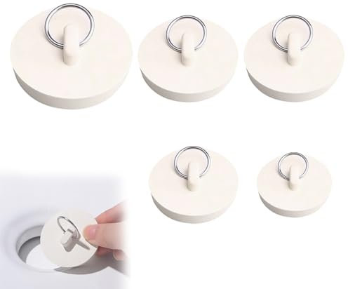 5 Pcs Rubber Bath Plugs, 5 Different Size Kitchen Sink Plug, Universal Bathtub Plug Drain Stopper for Bathtubs Kitchen Sinks Hand Basins (White)