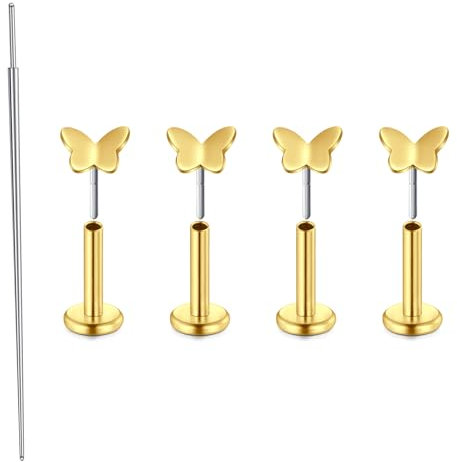 MODRSA 20G Tragus Piercing Ohrring Flash Piercing Schmetterling Helix Piercing Gold Nasenpiercing Flat Back 6mm Piercing-Schmuck für Helix/Konch/Medusa/Lippen Piercing Damen