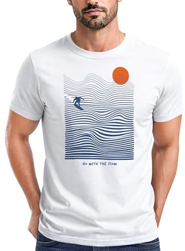 Neverless® Herren T-Shirt Surfshirt mit Wellenlinien, Sonne & Surfer Motiv – Sommer Grafikshirt im minimalistischen Look Fashion Streetstyle