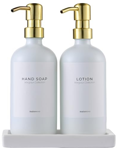 MaisoNovo Soap and Lotion Dispenser Set - Bathroom Soap Dispenser Set with White Soap Dispenser, Gold Pumps & Ceramic Tray