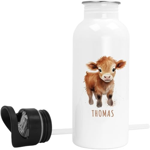 DEL MÀ Unique & Personal Edelstahl Trinkflasche Kinder personalisiert mit Namen Kuh Flasche mit Strohhalm Wasserflasche für Schule Kindergarten 600 ml