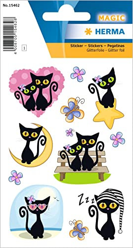 HERMA 15462 Aufkleber Katzen Glitzer klein groß, 11 Stück, Tiere Sticker mit schwarze Katze Motiv, Kinder Etiketten für Fotoalbum Tagebuch Poesiealbum Scrapbooking Geburtstag Deko Briefe DIY Basteln
