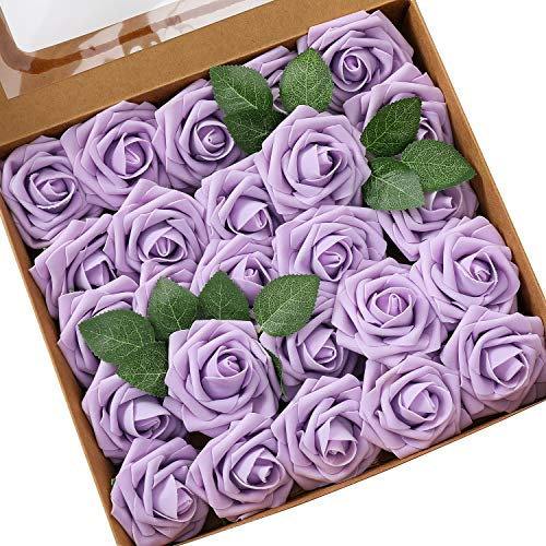 Künstliche Rosen Blumen Schaumrosen Foamrosen Kunstblumen Rosenköpfe Gefälschte Kunstrose Rose DIY Hochzeit Blumensträuße Braut Zuhause Dekoration (25 Stück, Helles Lila)