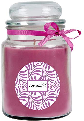 HS Candle Duftkerze mit Schriftzug Lavendel im Bonbon Glas, 500g Wachs - Brenndauer ca.: 110 Stunden, Kerze im Glas in Geschenkverpackung