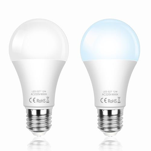 SCNNC Bombilla LED con Sensor Crepuscular A60 E27 12W, Encendido Apagado Automático, Blanco Frío 6000K, Bombilla LED Exterior Sensor Crepuscular dia y Noche para Pasillo Jardín Porche, 2 Piezas