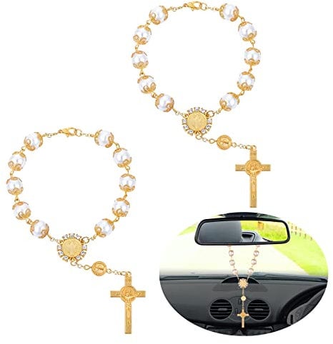 Cobee Auto Rosenkranz für Rückspiegel, 2 Stück Autospiegel zum Aufhängen, Kreuz, Auto Rosenkranz, Rückspiegel Anhänger, Auto-Hängezubehör, Innendekoration für Damen und Herren