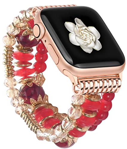 wutwuk Compatible Bracelet Apple Watch Perles 38mm 40mm 41mm, Bracelet de Montre pour Apple Watch Extensible en Cristal Fait à la Main pour iWatch Series SE 2/SE/8/7/6//5/4/3/2/1-Rouge 38mm/40mm/41mm